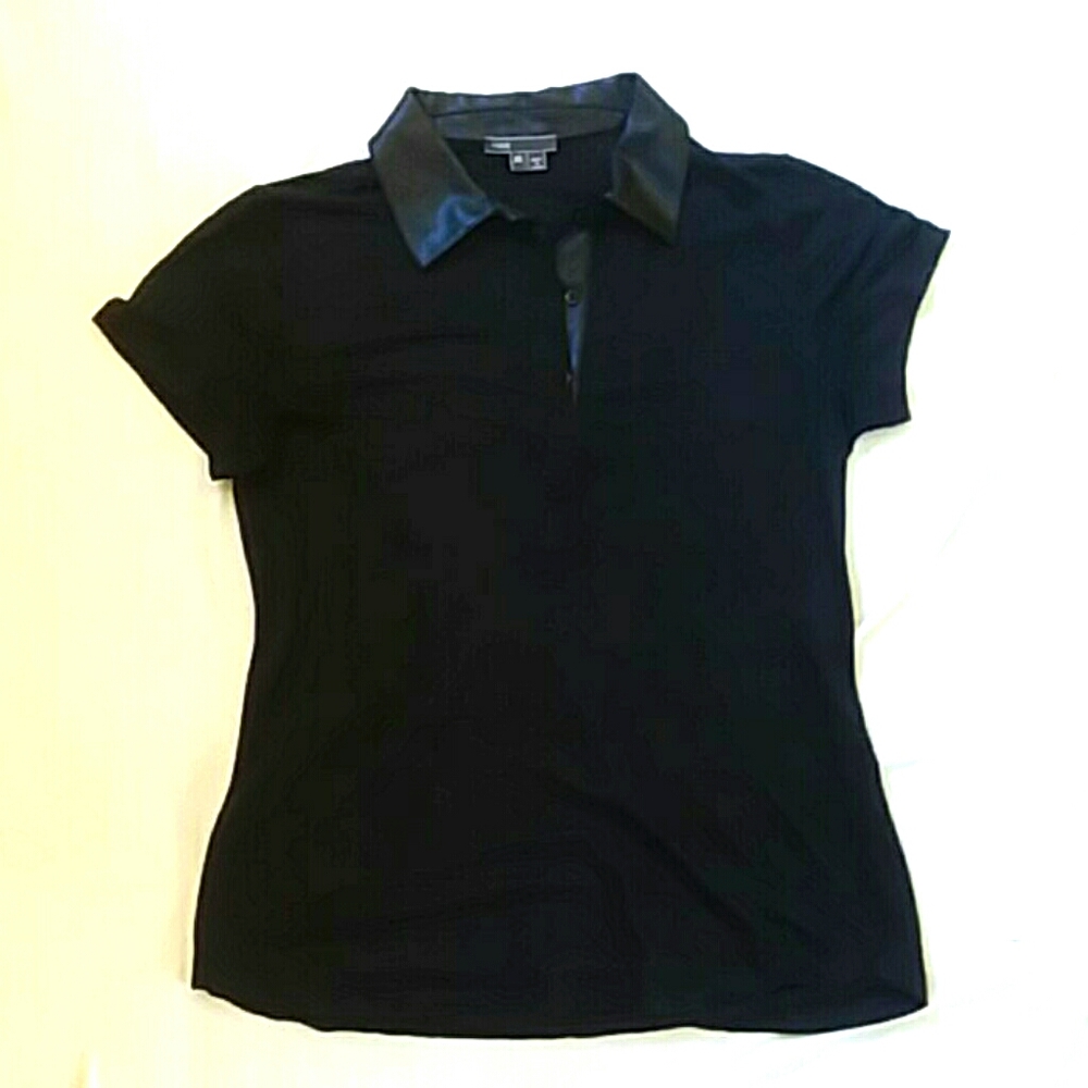 VINCE Polo top XS linen leather black euc